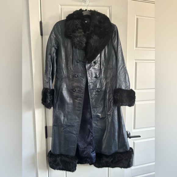 Vintage Genuine Leather & Fur Coat | Navy & Black | Luxe Statement Outerwear - Picture 2 of 8